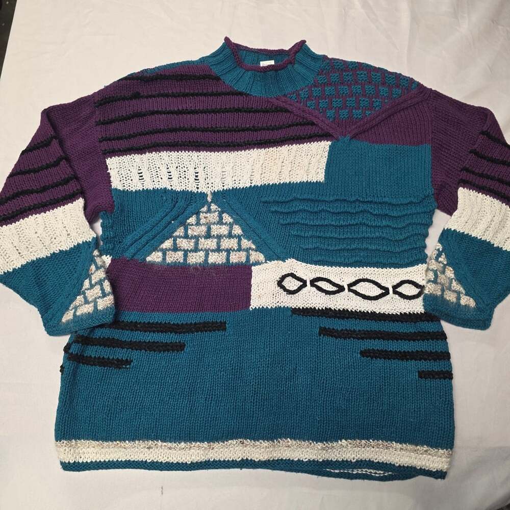 Tm Sport By That's Me Vintage 90s Color Block Knit Chunky Sweater Size M
